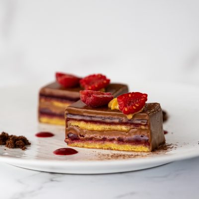 Delicious chocolate and raspberry cake slice dessert